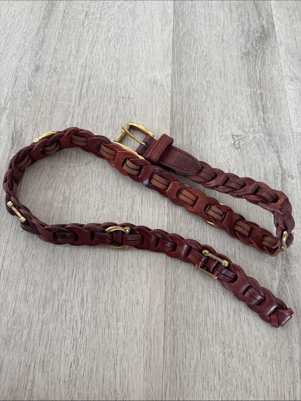 Aimee Lynn Belt Small Brown Leather Brass Buckle Braided Link Horseshoe Western